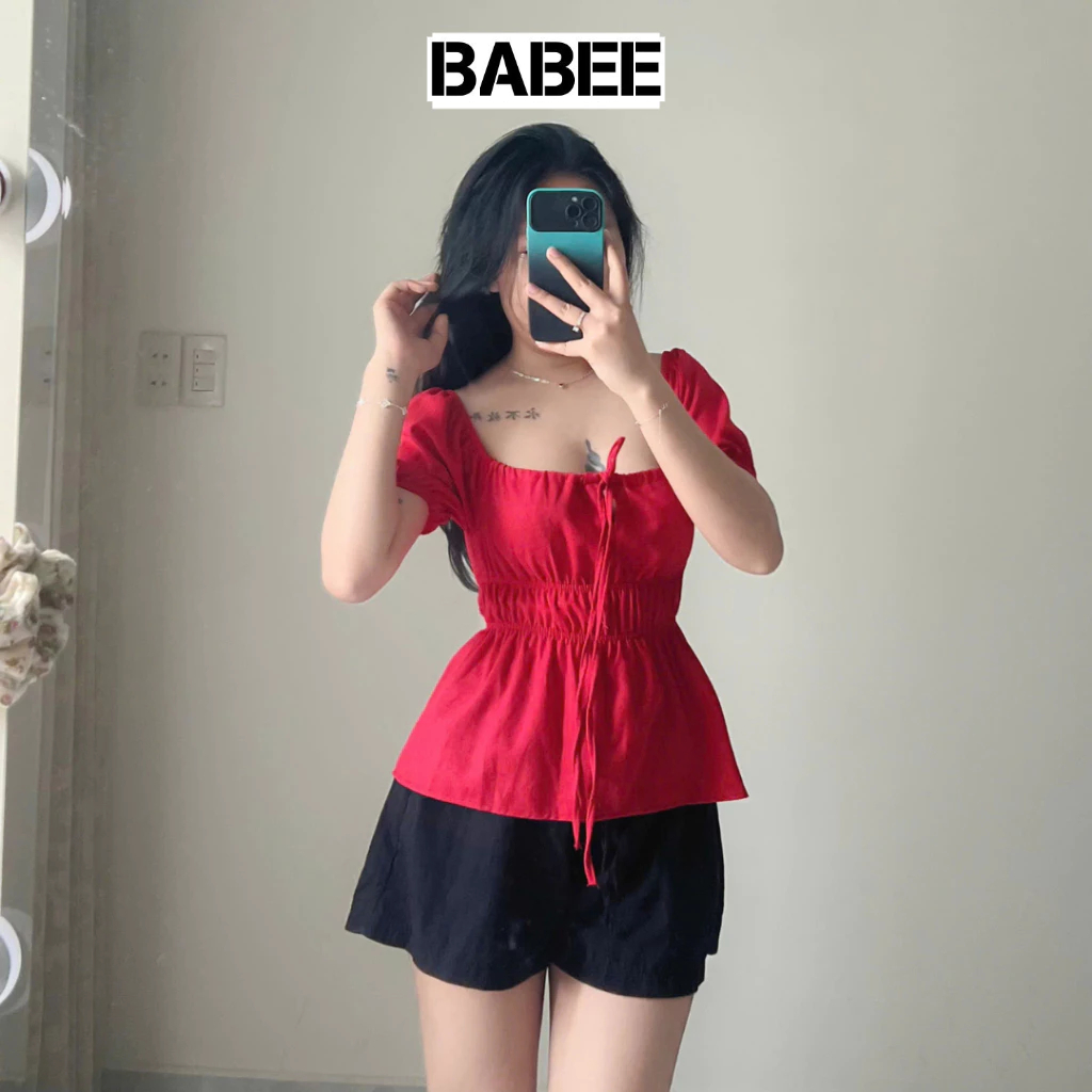 Áo Kiểu Nữ BABEE Cổ U Tay Ngắn Phồng Cột Nơ Bo Chun Thân Chất Linen Mềm Mát Phong Cách Dễ Thương