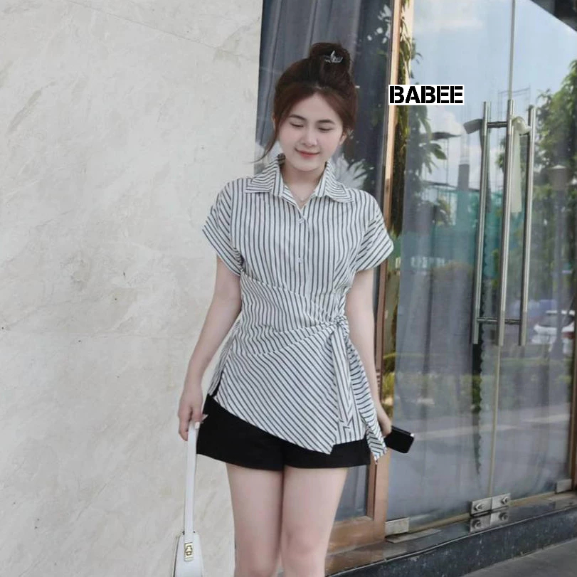 Áo Sơ Mi Nữ BABEE Ngắn Tay Buộc Tà Chéo Phong Cách Thanh Lịch Trẻ Trung Sành Điệu Cá Tính