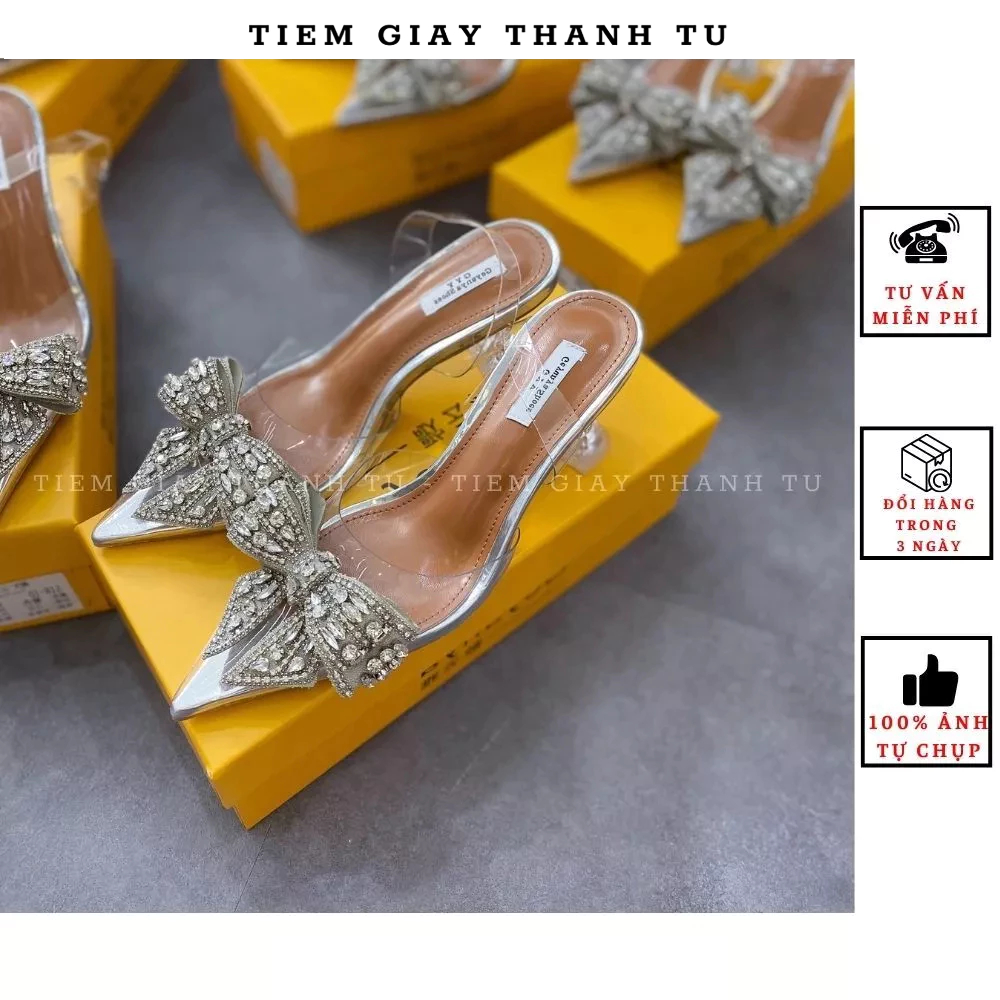 ( 518-10-3)Sandal cao gót GYY mica trong đính nơ đá gót loe 7cm hànQCCC
