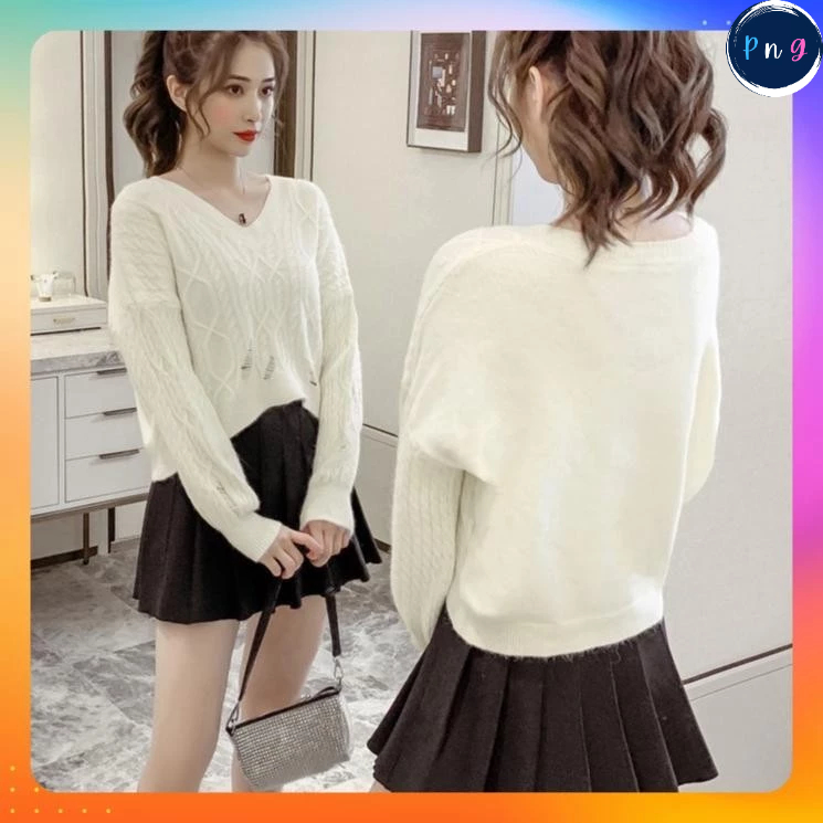 ⭐[P228] Áo len Montoghi dệt kim THẮT THỪNG PHỐI RÁCH form rộng nữ tính ...