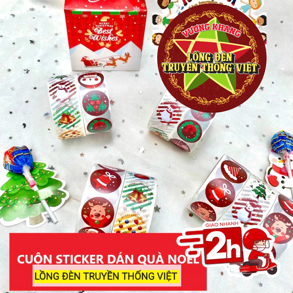 Cuộn dán 500 sticker Noel dán khóa thiệp, hộp bánh kẹo Giáng Sinh ...