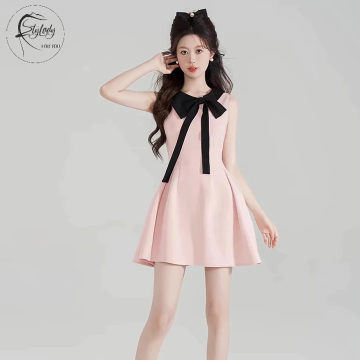 Đầm hồng sát nách StyLady, thắt nơ, đầm nữ , Váy đi tiệc , Đầm nữ tính ngọt ngào , Đầm thiết kế