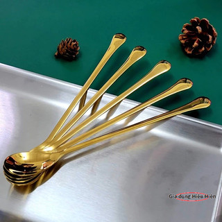 Combo 5 Thìa Inox 304 Titan VÀNG (đá bầu)- Muỗng 20cm Cán Dài Khuấy Cà Phê Cocktail, Sinh Tố