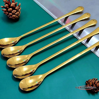 Thìa Đá Inox 304 Miệng Bầu - Set 10 Chiếc 20cm Vàng & Bạc, Khuấy Cà Phê, Chanh Đá Sinh Tố