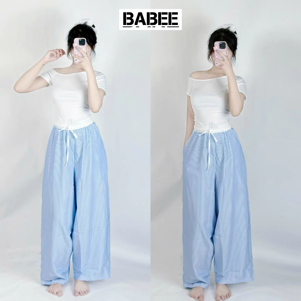 Quần Ống Rộng Nữ BABEE Kẻ Sọc Phối Cạp Trắng Dây Rút Dáng Dài Suông Phong Cách Hàn Quốc Dễ Mặc