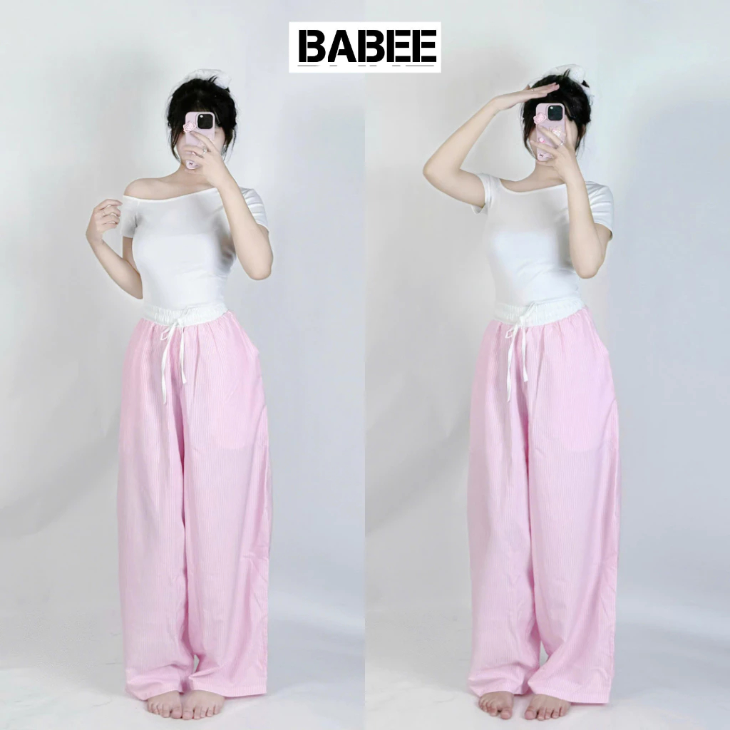 Quần Ống Rộng Nữ BABEE Kẻ Sọc Phối Cạp Trắng Dây Rút Dáng Dài Suông Phong Cách Hàn Quốc Dễ Mặc