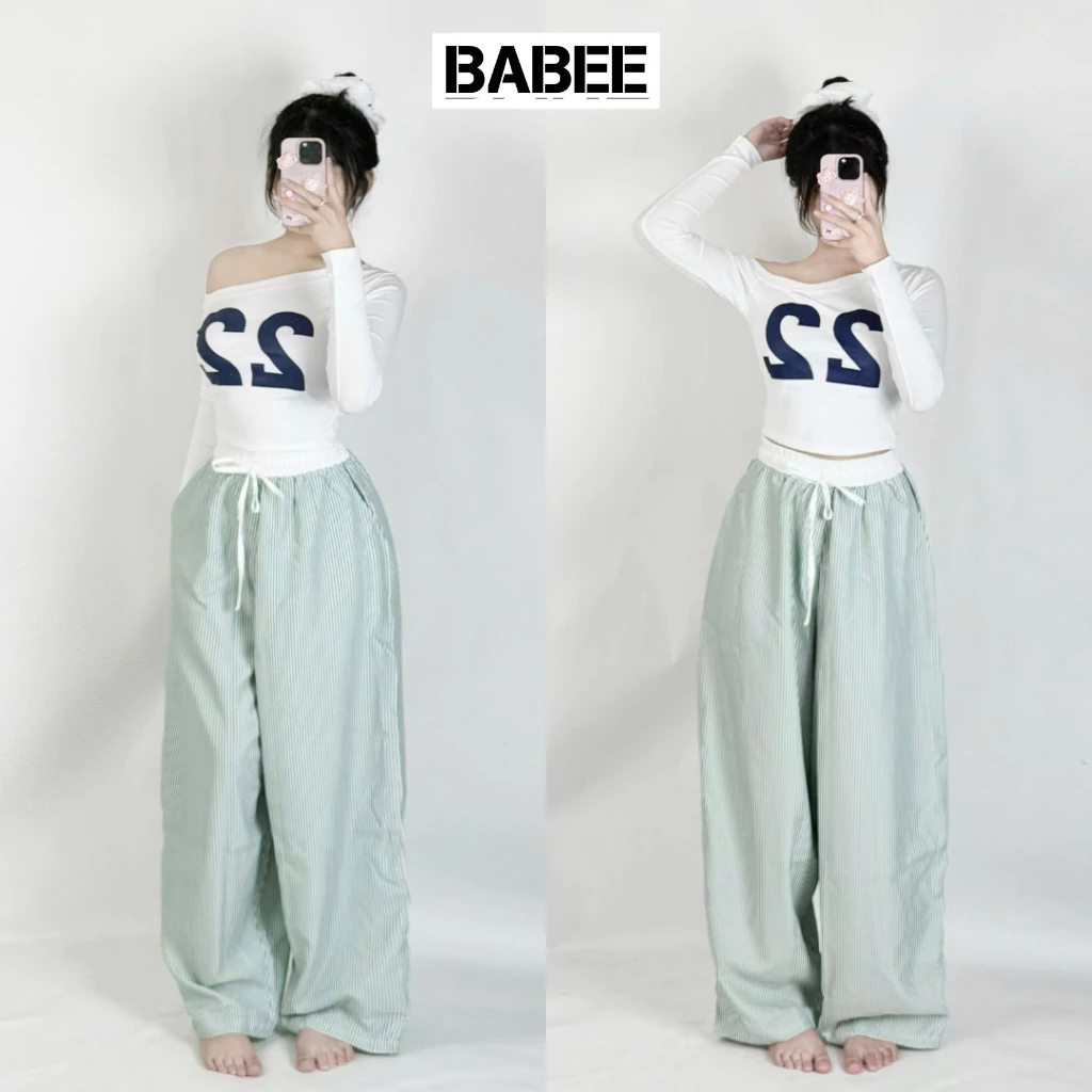 Quần Ống Rộng Nữ BABEE Kẻ Sọc Phối Cạp Trắng Dây Rút Dáng Dài Suông Phong Cách Hàn Quốc Dễ Mặc