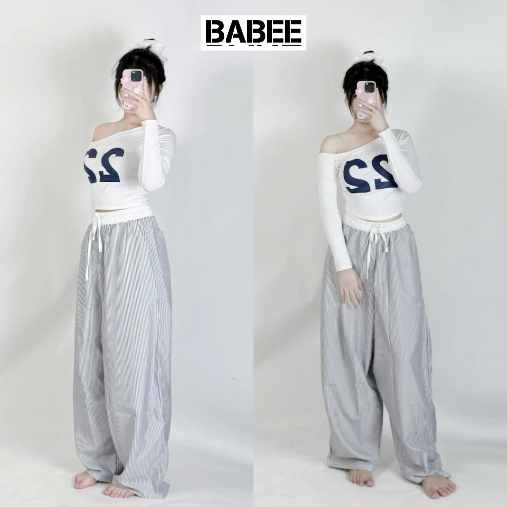 Quần Ống Rộng Nữ BABEE Kẻ Sọc Phối Cạp Trắng Dây Rút Dáng Dài Suông Phong Cách Hàn Quốc Dễ Mặc
