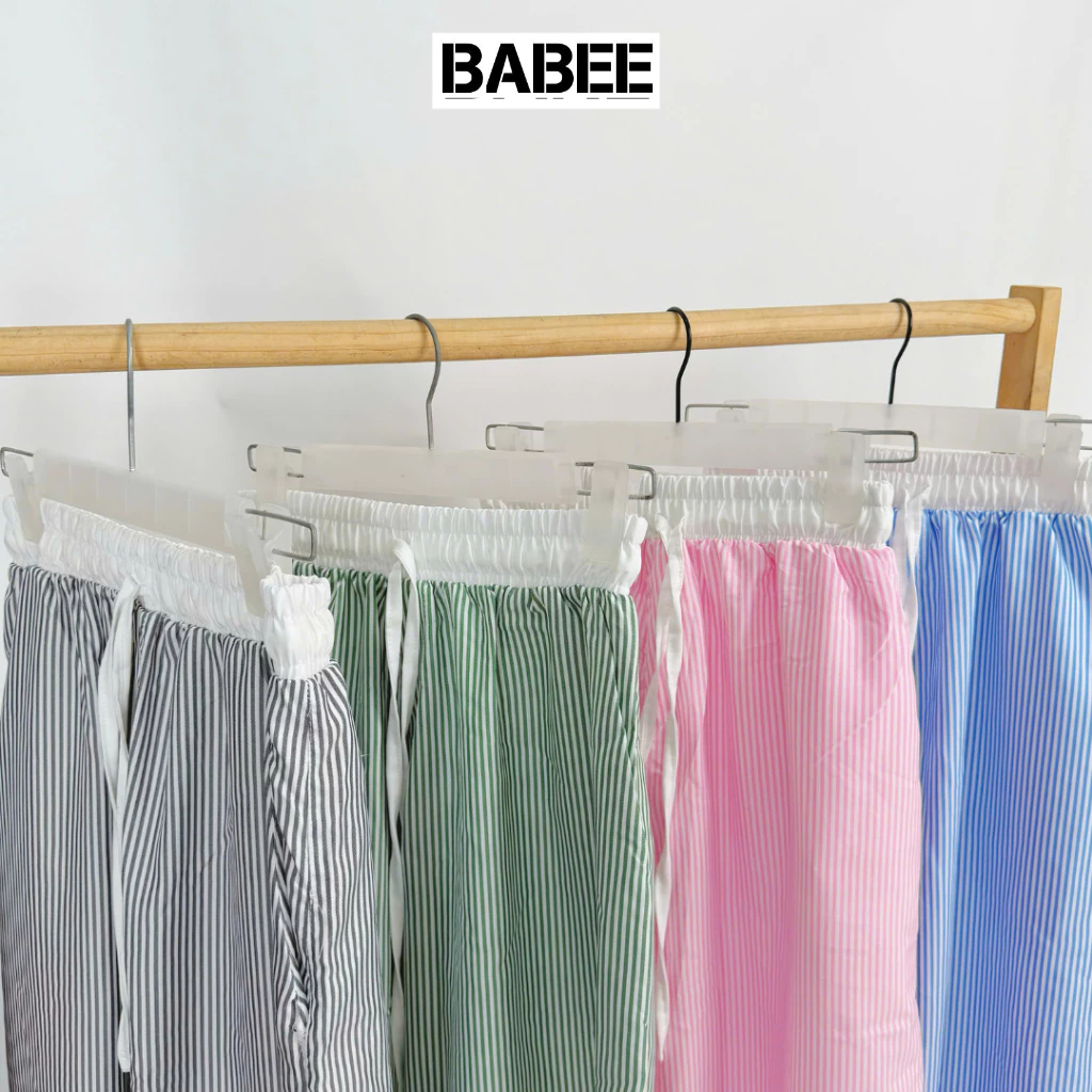 Quần Ống Rộng Nữ BABEE Kẻ Sọc Phối Cạp Trắng Dây Rút Dáng Dài Suông Phong Cách Hàn Quốc Dễ Mặc