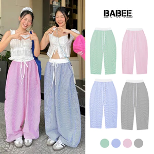 Quần Ống Rộng Nữ BABEE Kẻ Sọc Phối Cạp Trắng Dây Rút Dáng Dài Suông Phong Cách Hàn Quốc Dễ Mặc