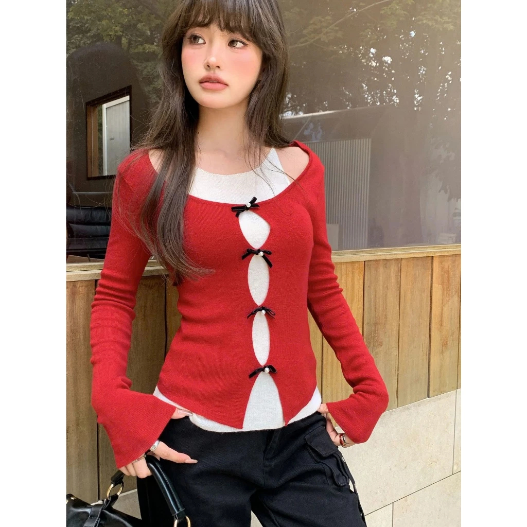 Áo Thun Nữ BABEE Kiểu Cardigan Cột Nơ Tay Dài Phối Yếm Trắng Liền Thân Ôm Body Tôn Dáng