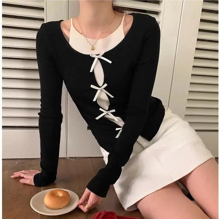 Áo Thun Nữ BABEE Kiểu Cardigan Cột Nơ Tay Dài Phối Yếm Trắng Liền Thân Ôm Body Tôn Dáng