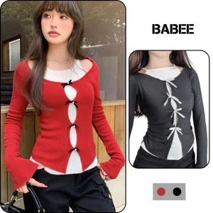 Áo Thun Nữ BABEE Kiểu Cardigan Cột Nơ Tay Dài Phối Yếm Trắng Liền Thân Ôm Body Tôn Dáng