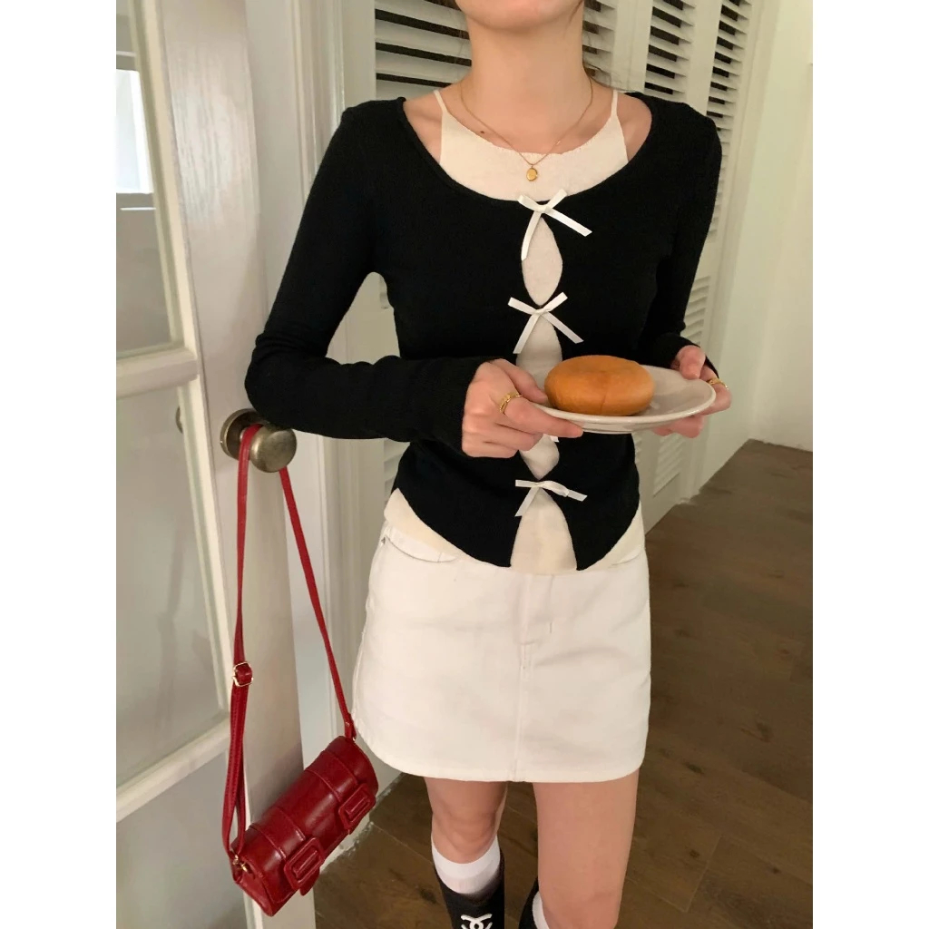 Áo Thun Nữ BABEE Kiểu Cardigan Cột Nơ Tay Dài Phối Yếm Trắng Liền Thân Ôm Body Tôn Dáng