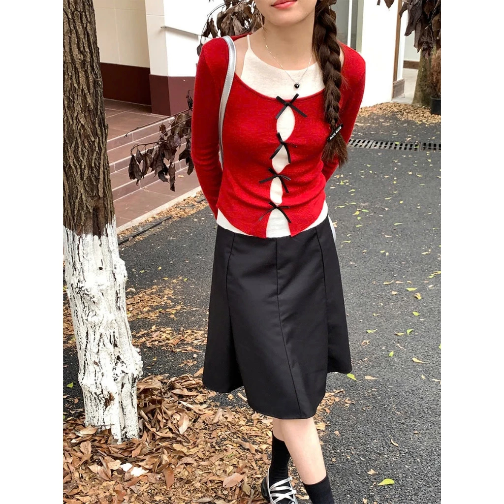 Áo Thun Nữ BABEE Kiểu Cardigan Cột Nơ Tay Dài Phối Yếm Trắng Liền Thân Ôm Body Tôn Dáng