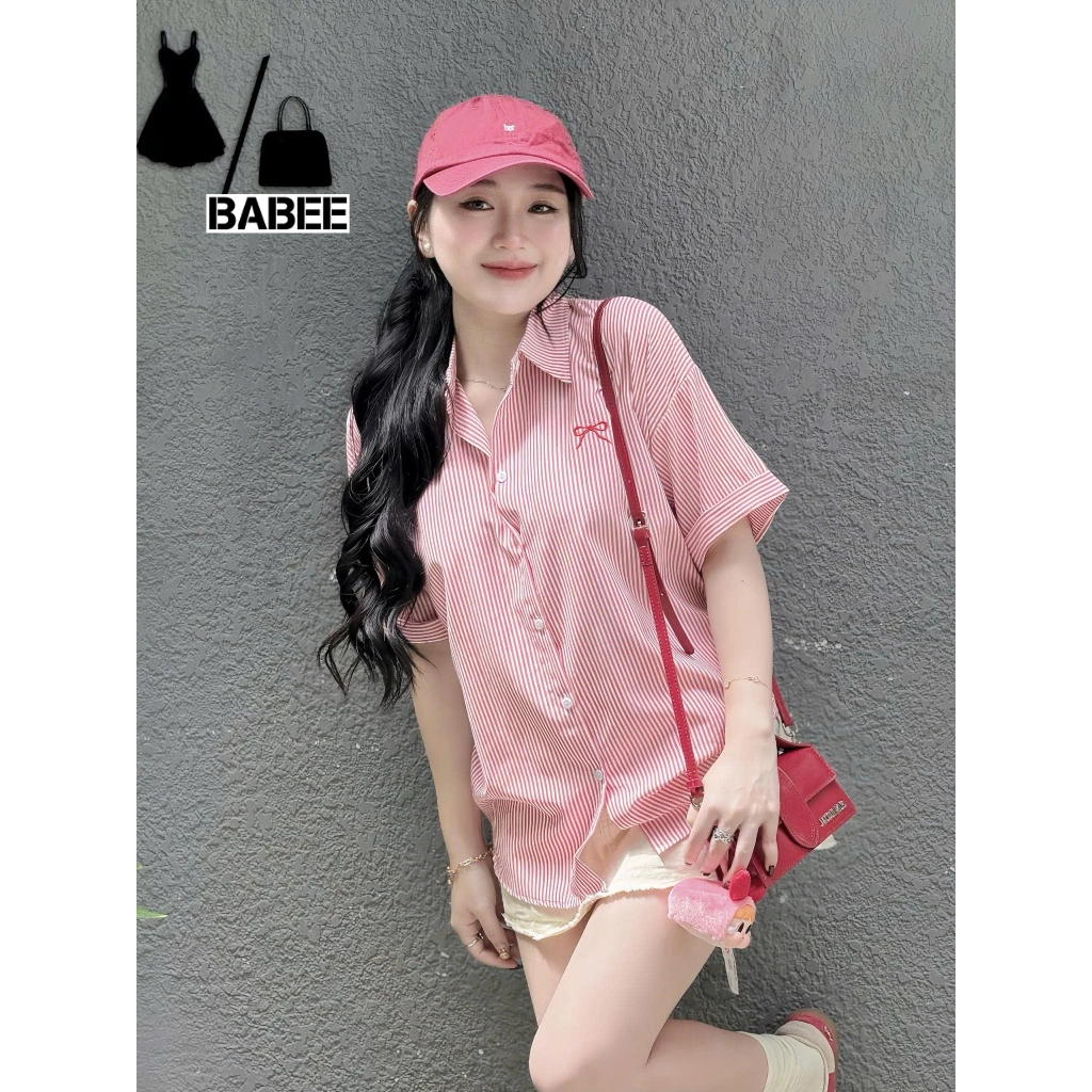 Áo Sơ Mi Nữ BABEE Form Rộng Tay Ngắn Chất Kate Hàn Kẻ Sọc Basic Thêu Nơ, Ngựa Trẻ Trung Xinh Xắn