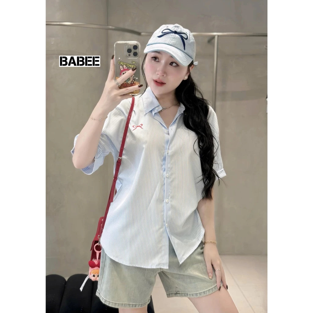 Áo Sơ Mi Nữ BABEE Form Rộng Tay Ngắn Chất Kate Hàn Kẻ Sọc Basic Thêu Nơ, Ngựa Trẻ Trung Xinh Xắn