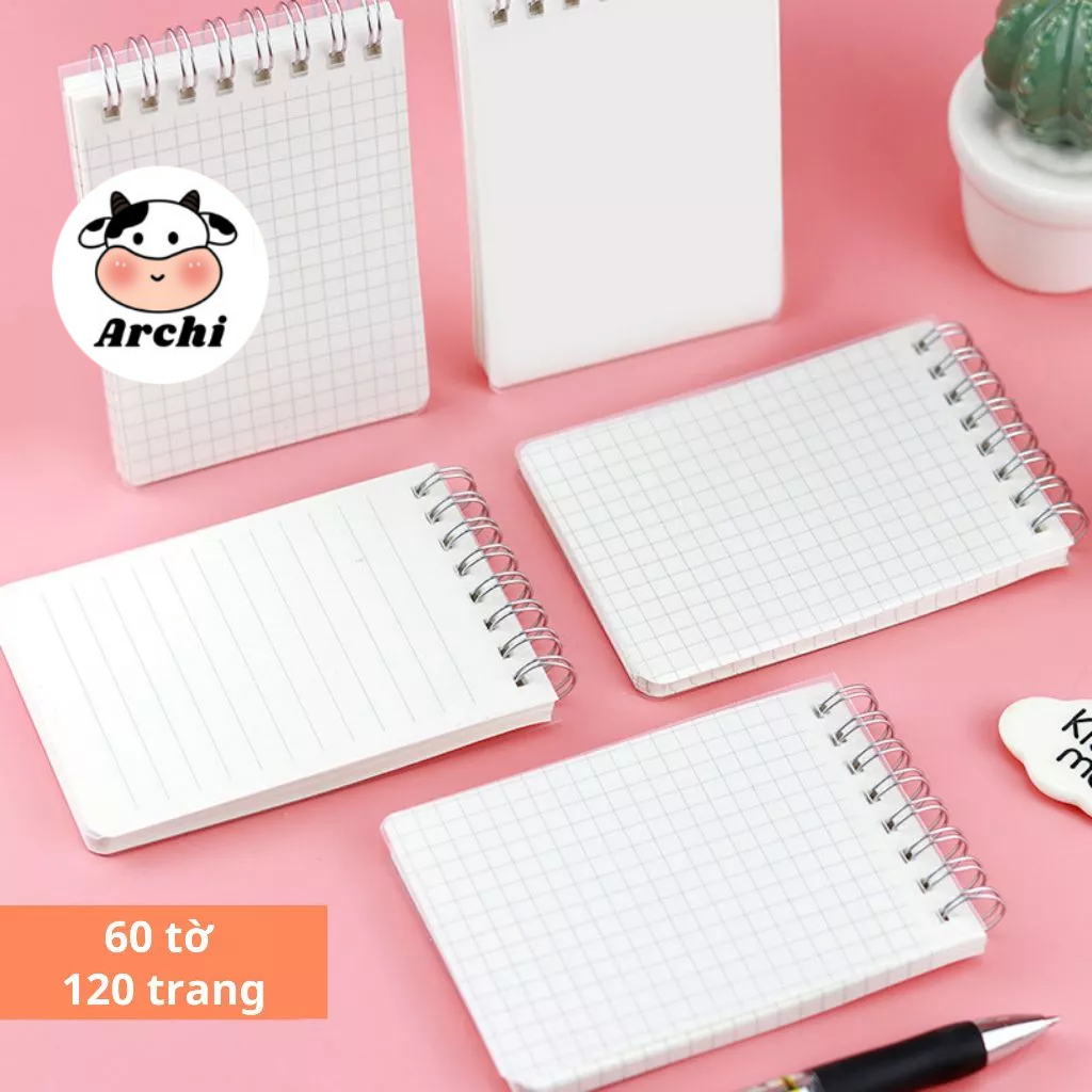 Sổ tay mini lò xo dọc bìa nhựa trong suốt khổ A7 60 tờ, bỏ túi tiện ...