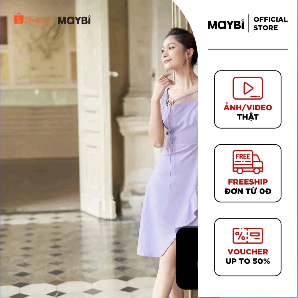 MAYBI Đầm midi chữ A cotton lạnh phối bèo trang trí tùng