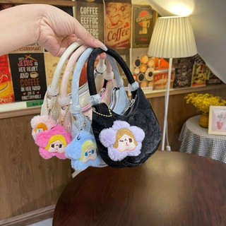 [TE010]Túi Mini Kẹp Nách Cầm Tay Da Nhung 2 Hạt Ngọc Tặng Kèm Bông Hoa Size 14cm Xinh Xắn Cho Bé Yêu