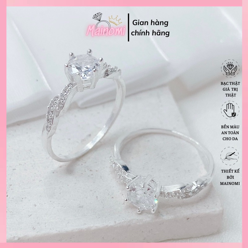 Nhẫn nữ đá chủ 6ly viền xoắn vai bèo cách điệu mềm mại tinh tế nhẹ nhàng Mainomi Shop Bạc Xinh