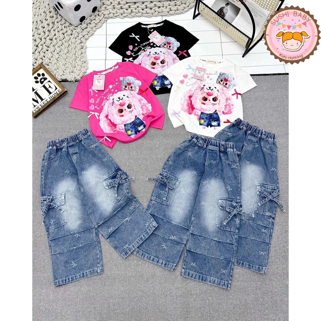 (18-50kg dưới 1m55) Set áo thun cotton in hình Baby Three hot trend phối quần jean túi hộp IN NƠ cá tính cho bé gái
