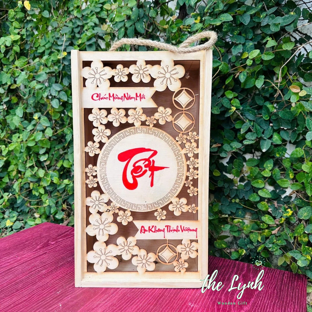 Hộp Gỗ Nắp Trượt Hoa Mai Tết, Free Logo Câu Chúc (UV, Laser) - LynhDecor