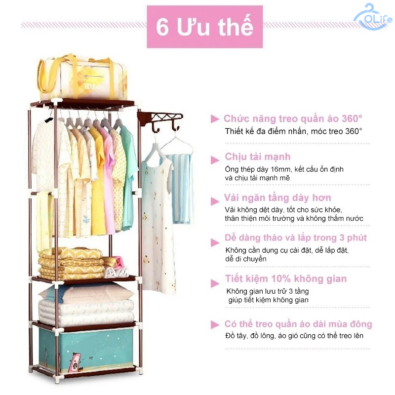 𝐎𝐥𝐢𝐟𝐞 Kệ Tích Hợp Đa Năng Giá Treo Áo Phòng Ngủ Giá Treo Quần Áo Chắc Chắn Tiện Lợi