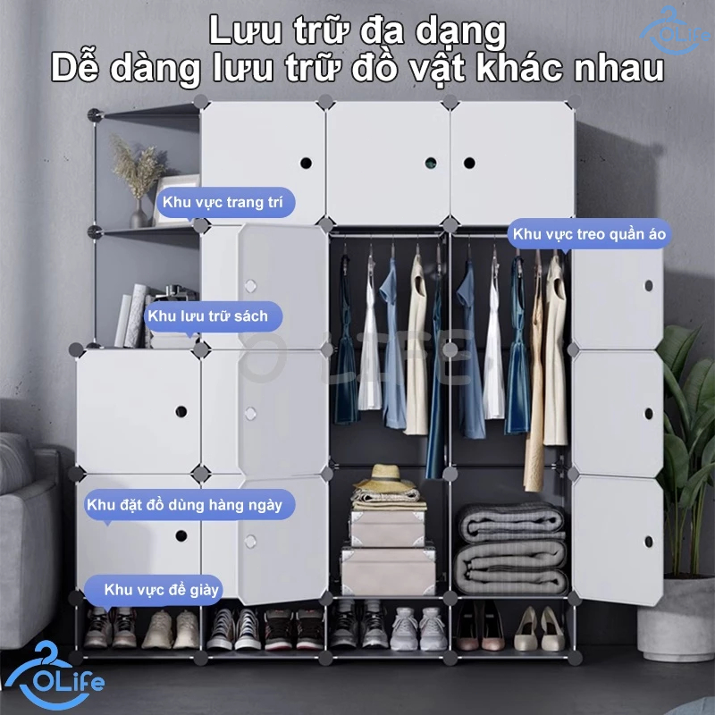 𝐎𝐥𝐢𝐟𝐞 Tủ Đựng Quần Áo Nhựa Cài Đặt Không Cần Công Cụ Tủ Áo Quần Xám Chống Bụi Bẩn Và Mài Mòn