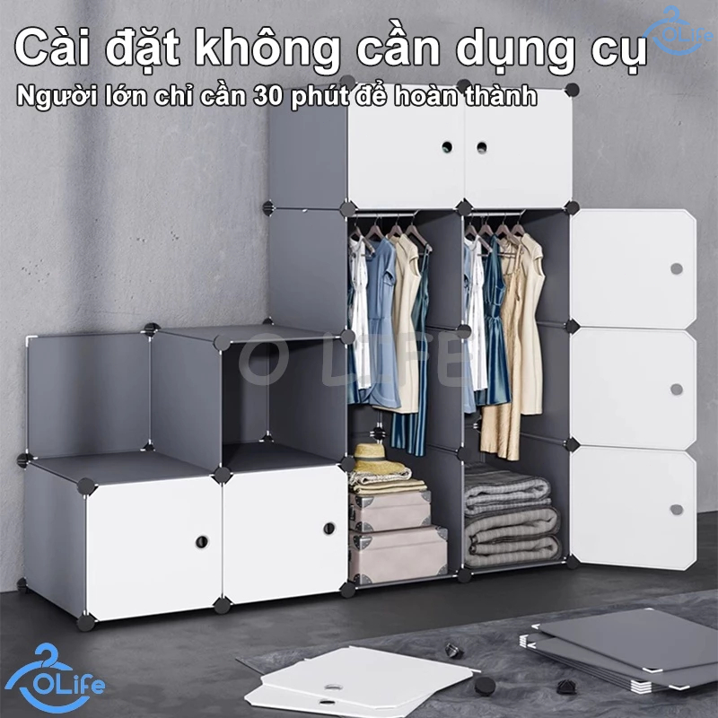 𝐎𝐥𝐢𝐟𝐞 Tủ Đựng Quần Áo Nhựa Cài Đặt Không Cần Công Cụ Tủ Áo Quần Xám Chống Bụi Bẩn Và Mài Mòn