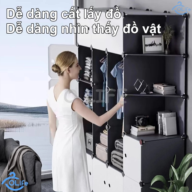 𝐎𝐥𝐢𝐟𝐞 Tủ Đựng Quần Áo Nhựa Cài Đặt Không Cần Công Cụ Tủ Áo Quần Xám Chống Bụi Bẩn Và Mài Mòn