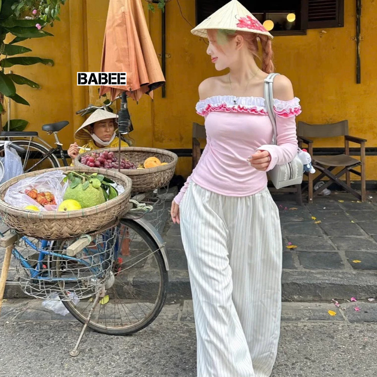 Quần Ống Suông Nữ BABEE Kẻ Sọc Lưng Chun Dáng Dài Form Rộng Phong Cách Hàn Quốc Trẻ Trung Năng Động
