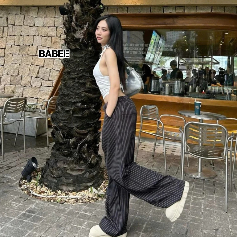 Quần Ống Suông Nữ BABEE Kẻ Sọc Lưng Chun Dáng Dài Form Rộng Phong Cách Hàn Quốc Trẻ Trung Năng Động