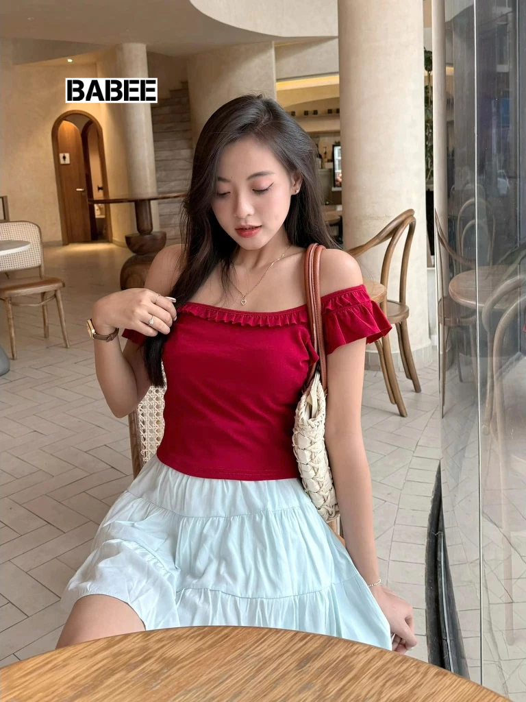 Áo Thun Nữ BABEE Kiểu Trễ Vai Phối Viền Bèo Dễ Thương Tay Ngắn Form Ôm Tôn Dáng Co Dãn Mịn Mát