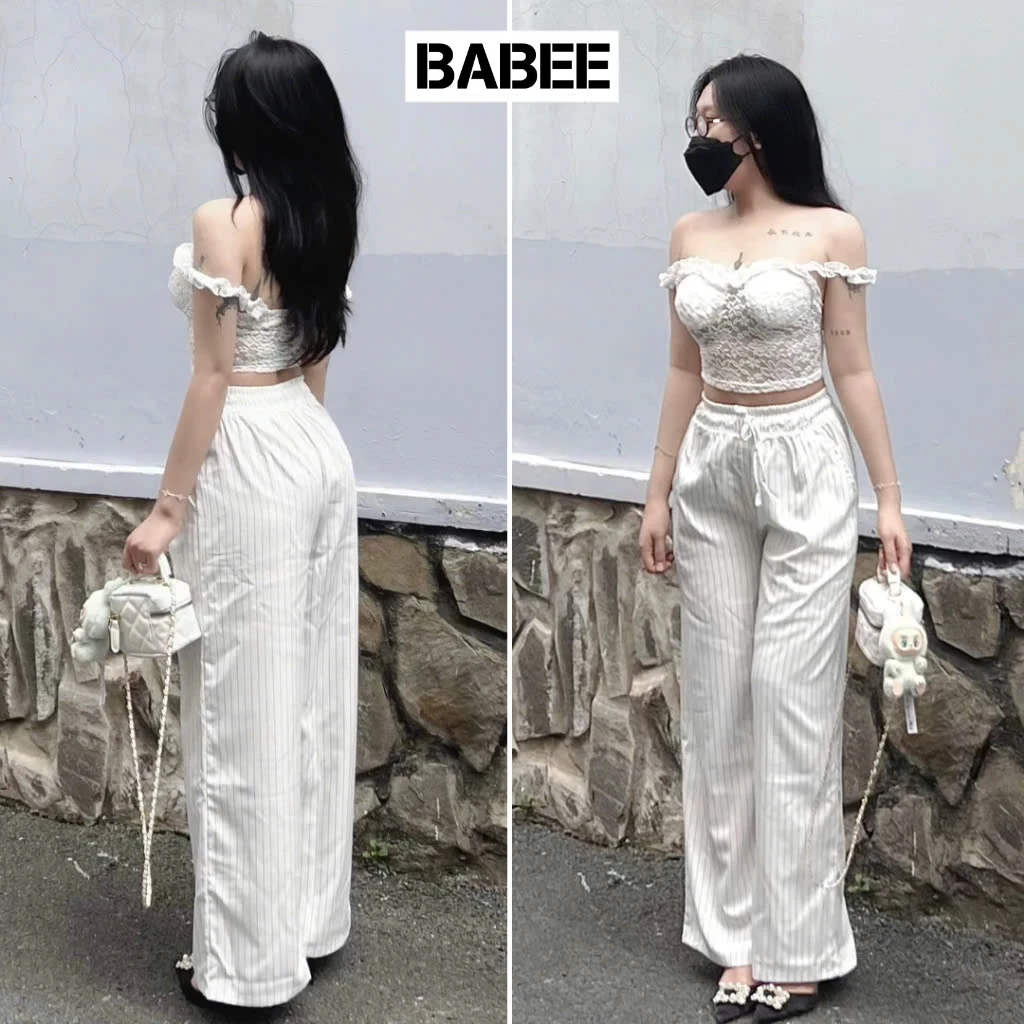 Quần Ống Suông Nữ BABEE Kẻ Sọc Lưng Chun Dáng Dài Form Rộng Phong Cách Hàn Quốc Trẻ Trung Năng Động