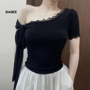 Áo Thun Nữ BABEE Lệch Vai Tay Ngắn Phối Ren Kèm Dây Cột Nơ Chất Thun Gân Dày Dặn Co Giãn Thoáng Mát
