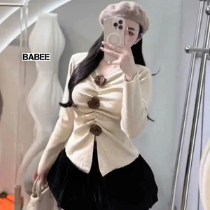 Áo Thun Nữ BABEE Tay Dài Cổ V Đính Hoa Dáng Ôm Boby Thiết Kế Nhún Ngực Xẻ Tà Xinh Xắn Sang Trọng