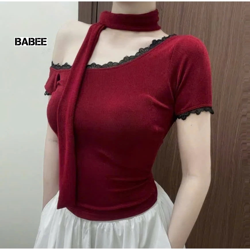 Áo Thun Nữ BABEE Lệch Vai Tay Ngắn Phối Ren Kèm Dây Cột Nơ Chất Thun Gân Dày Dặn Co Giãn Thoáng Mát