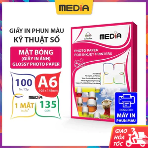 Giấy In Ảnh Media 1 Mặt Bóng A6 (10x15) 135gsm 100 Tờ, Glossy Photo Paper Giấy Ảnh, Giấy In Phun Màu