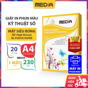 Giấy In Ảnh Media 1 Mặt Siêu Bóng A4 (21x30) 230gsm 20 Tờ, RC Hight Glossy Photo Paper Giấy Ảnh