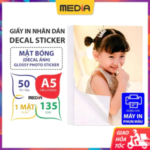 Giấy In Ảnh Nhãn Dán Media Mặt Bóng (Glossy) A5 (15x21) 135gsm 50 Tờ, Giấy In Màu Decal Sticker