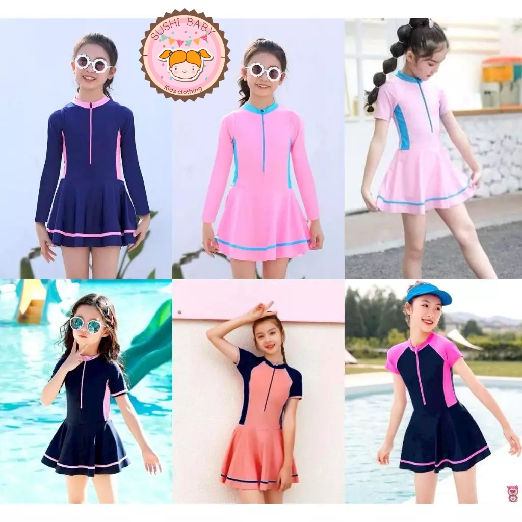 (10-45kg, dưới 1m5) Đồ bơi, Bikini liền thân kiểu váy tay ngắn, tay dài cho bé gái đi biển, du lịch
