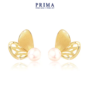PRIMA Bông Tai Vàng 24K + Ngọc Trai - Hình Cánh Bướm - (Chuôi+ Chốt 18k) - 165E1004