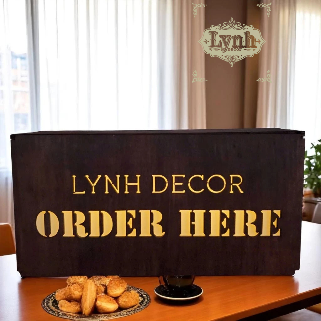 Hộp đèn Order Here chất liệu Gỗ Thông đèn led, in UV cắt laser logo miễn phí thiết kế - LynhDecor