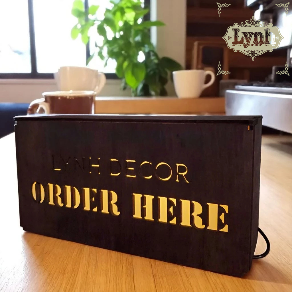 Hộp đèn Order Here chất liệu Gỗ Thông đèn led, in UV cắt laser logo miễn phí thiết kế - LynhDecor