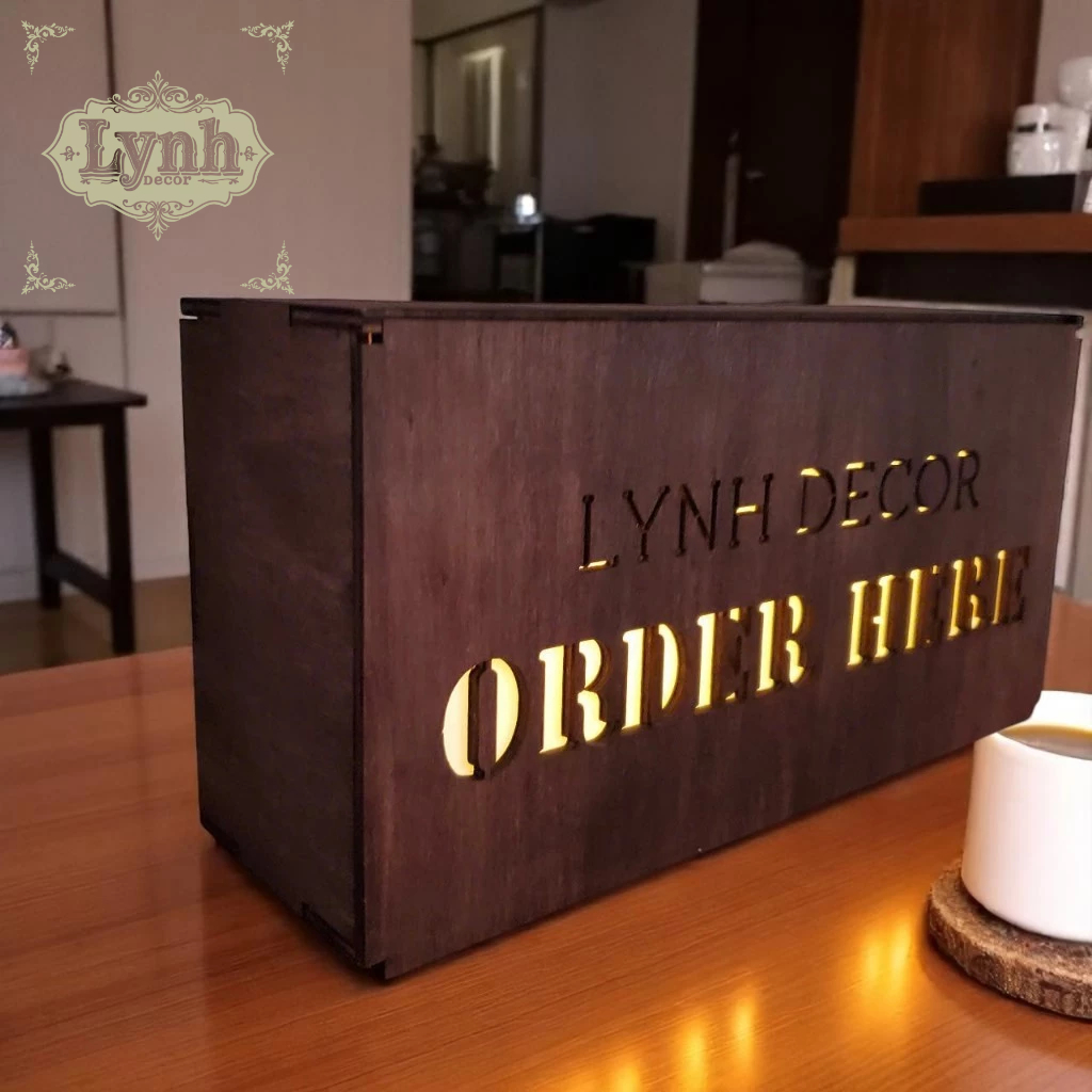 Hộp đèn Order Here chất liệu Gỗ Thông đèn led, in UV cắt laser logo miễn phí thiết kế - LynhDecor