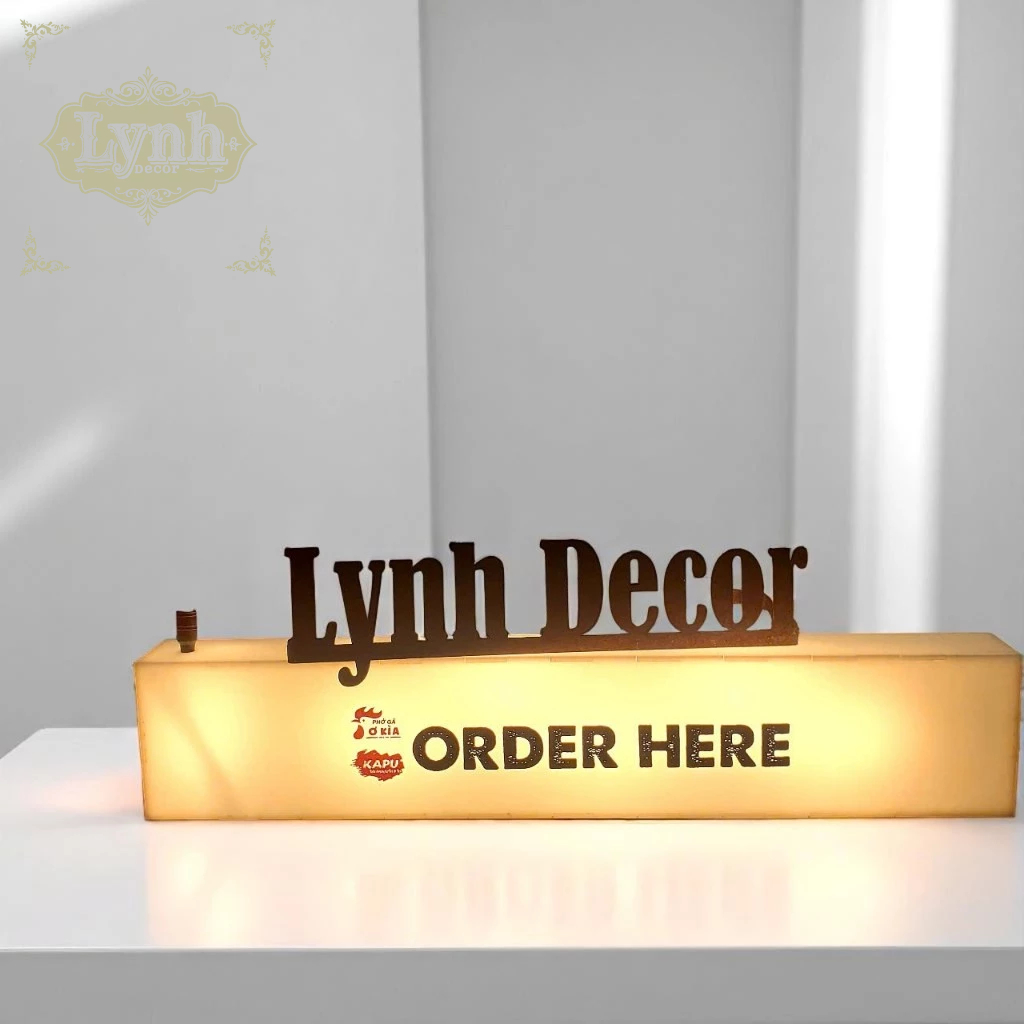 Hộp đèn Mica Order Here đèn led,treo tường không viền sáng 5 mặt,in UV miễn phí thiết kế - LynhDecor