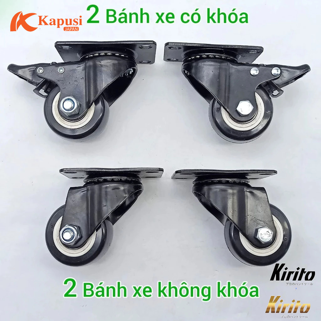 Bộ 4 Bánh xe đẩy hàng cao su bọc nhựa 40mm - 50mm chịu tải tốt, lắp xe đẩy hàng, xe kéo