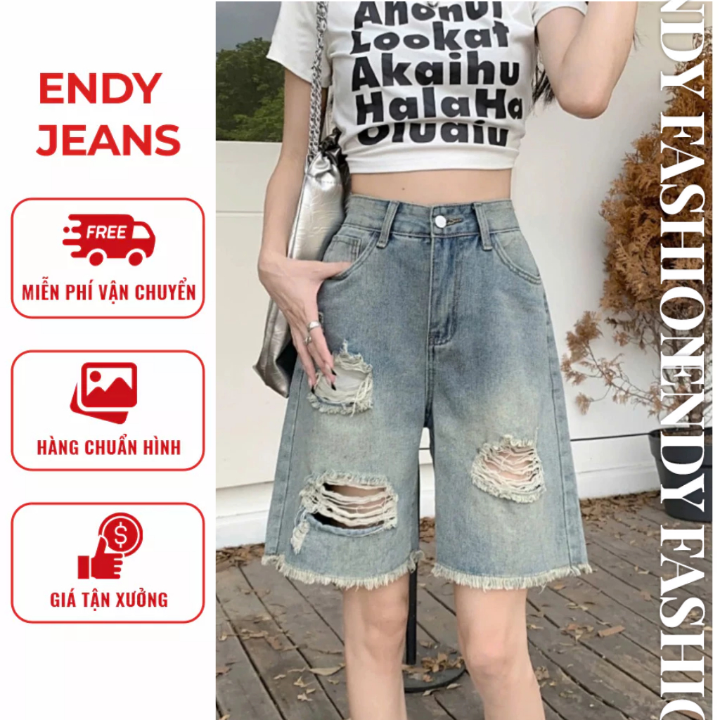 Quần jeans ngố rách ống rộng tua gấu thời trang, quần bò nữ form lửng phong cách năng động ED16