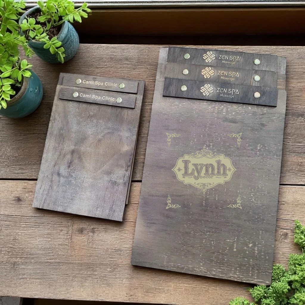 Menu gỗ size A4/A5 kẹp giấy cho Quán cafe, Nhà hàng( có in menu giấy) - LynhDecor Miễn phí Khắc LOGO
